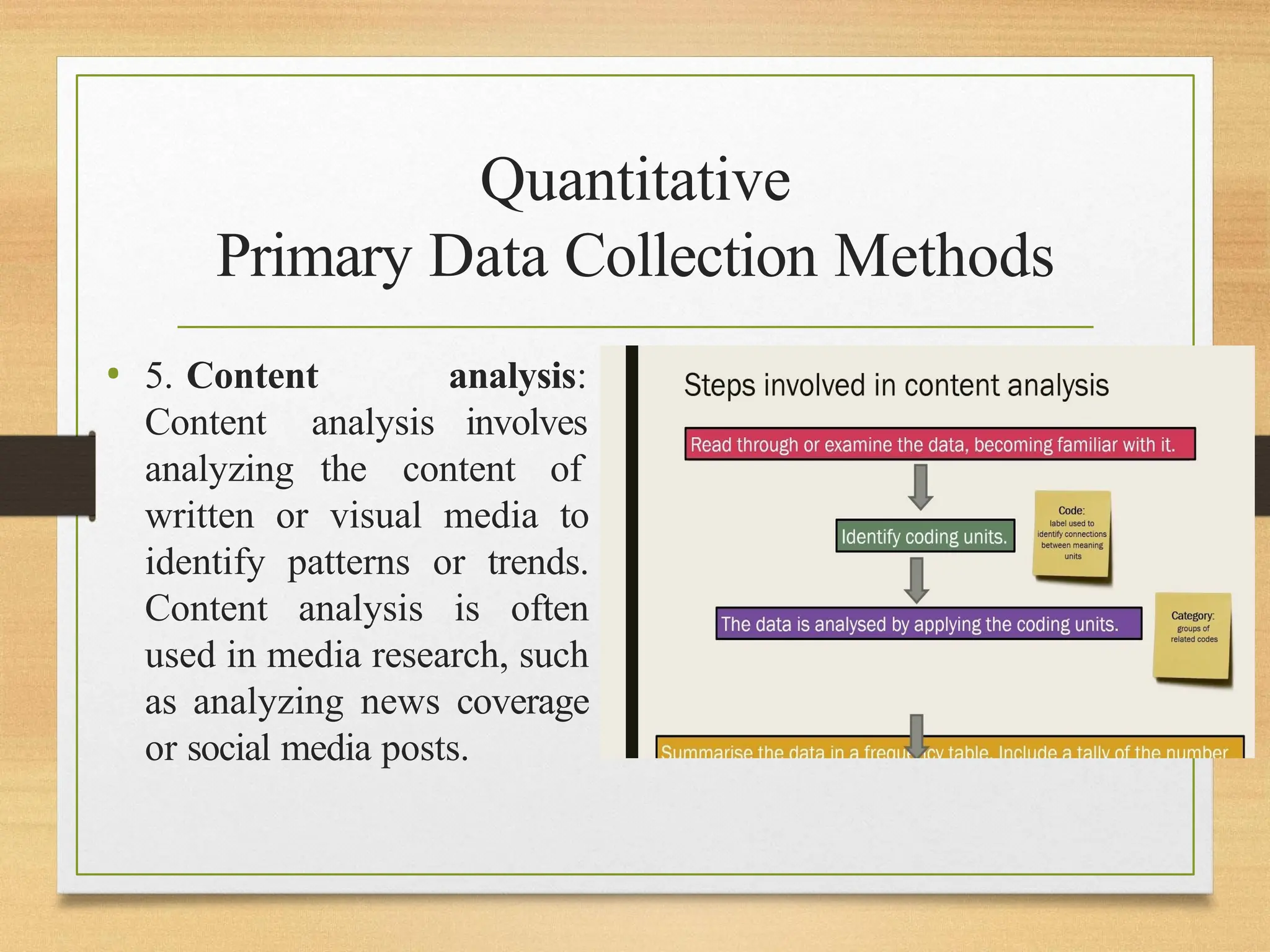 Quantitative
Primary Data Collection Methods
• 5. Content analysis:
involves
Content analysis
analyzing the content of
written or visual media to
identify patterns or trends.
Content analysis is often
used in media research, such
as analyzing news coverage
or social media posts.
 