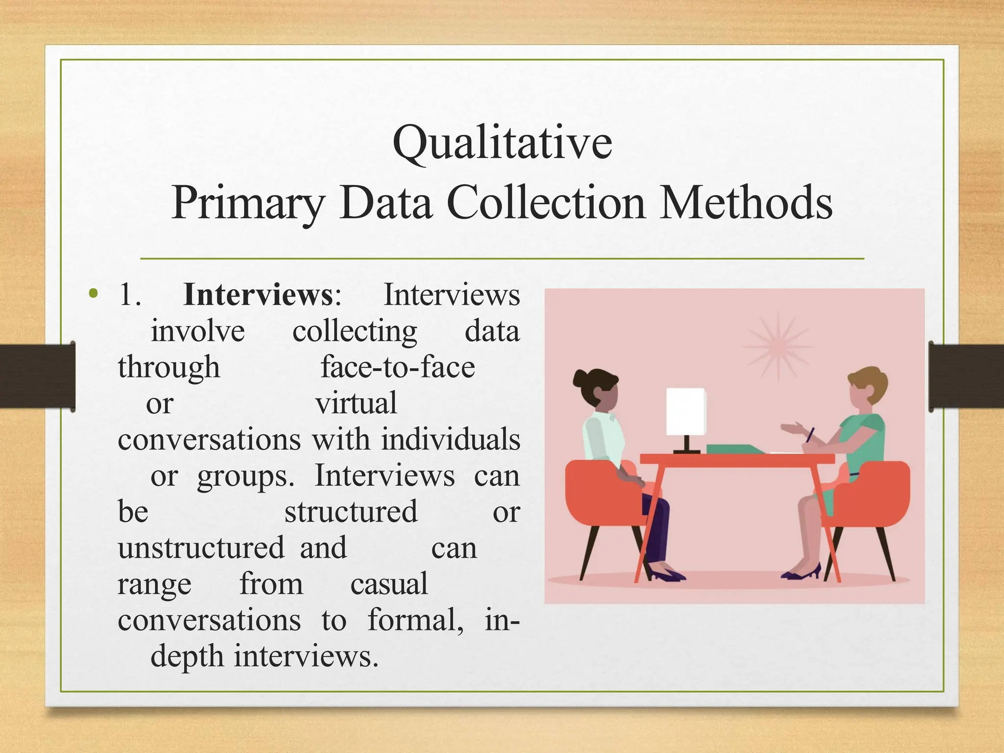 Qualitative
Primary Data Collection Methods
• 1. Interviews: Interviews
involve collecting data
through face-to-face
or virtual
conversations with individuals
or groups. Interviews can
be structured or
unstructured and can
range from casual
conversations to formal, in-
depth interviews.
 