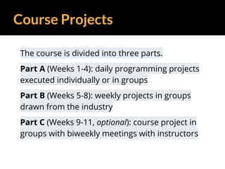 Course Projects
The course is divided into three parts.
Part A (Weeks 1-4): daily programming projects
executed individually or in groups
Part B (Weeks 5-8): weekly projects in groups
drawn from the industry
Part C (Weeks 9-11, optional): course project in
groups with biweekly meetings with instructors
 