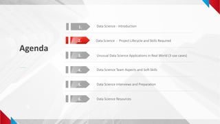 Agenda
Data Science - Introduction
2. Data Science - Project Lifecycle and Skills Required
3.
4.
6.
5.
Unusual Data Science Applications in Real World (3 use cases)
Data Science Team Aspects and Soft Skills
Data Science Interviews and Preparation
Data Science Resources
1.
 