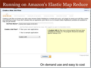 Running on Amazon's Elastic Map Reduce




                On demand use and easy to cost
 