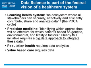 Data Science is part of the federal
vision of a healthcare system
• Learning health system: “an ecosystem where all
stakeholders can securely, effectively and efficiently
contribute, share and analyze data” 6 (the PDCA
cycle)
• Precision medicine: “identifying which approaches
will be effective for which patients based on genetic,
environmental, and lifestyle factors.” Clearly this
initiative requires a big data approach to integrate
these data.7
• Population health requires data analytics
• Value based care requires data
 