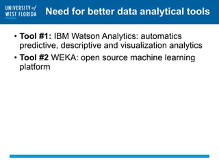 Need for better data analytical tools
• Tool #1: IBM Watson Analytics: automatics
predictive, descriptive and visualization analytics
• Tool #2 WEKA: open source machine learning
platform
 