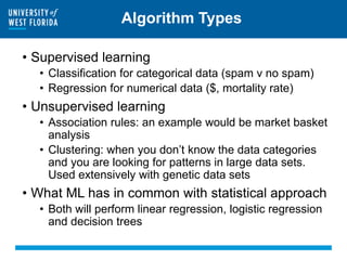 Algorithm Types
• Supervised learning
• Classification for categorical data (spam v no spam)
• Regression for numerical data ($, mortality rate)
• Unsupervised learning
• Association rules: an example would be market basket
analysis
• Clustering: when you don’t know the data categories
and you are looking for patterns in large data sets.
Used extensively with genetic data sets
• What ML has in common with statistical approach
• Both will perform linear regression, logistic regression
and decision trees
 