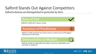 © Minitab Inc. 1010/24/2017
Accuracy of Prediction
Defensibility of Models
Salford’s models are defensible internally to executive stakeholders and
externally to regulators
Salford solutions are distinguished in particular by their:
Salford Stands Out Against Competitors
Salford’s models stand the test of time and are used by some of the biggest
corporations in the world
Ease of Use
Salford’s models don’t require coding
 