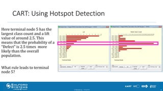 CART: Using Hotspot Detection
© Minitab Inc. 2610/24/2017
Here terminal node 5 has the
largest class count and a lift
value of around 2.5. This
means that the probability of a
“Defect” is 2.5 times more
likely than the overall
population.
What rule leads to terminal
node 5?
 