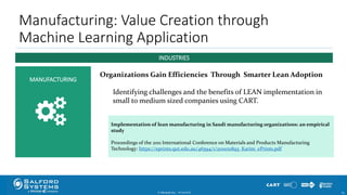 Implementation of lean manufacturing in Saudi manufacturing organizations: an empirical
study
Proceedings of the 2011 International Conference on Materials and Products Manufacturing
Technology: https://eprints.qut.edu.au/46594/1/2011011893_Karim_ePrints.pdf
Manufacturing: Value Creation through
Machine Learning Application
© Minitab Inc. 6310/24/2017
MANUFACTURING
INDUSTRIES
Organizations Gain Efficiencies Through Smarter Lean Adoption
Identifying challenges and the benefits of LEAN implementation in
small to medium sized companies using CART.
 