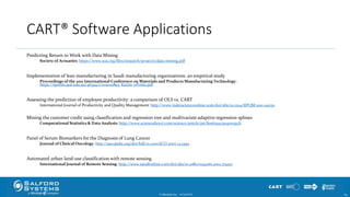 CART® Software Applications
Predicting Return to Work with Data Mining
Society of Actuaries: https://www.soa.org/files/research/projects/data-mining.pdf
Implementation of lean manufacturing in Saudi manufacturing organizations: an empirical study
Proceedings of the 2011 International Conference on Materials and Products Manufacturing Technology:
https://eprints.qut.edu.au/46594/1/2011011893_Karim_ePrints.pdf
Assessing the prediction of employee productivity: a comparison of OLS vs. CART
International Journal of Productivity and Quality Management: http://www.inderscienceonline.com/doi/abs/10.1504/IJPQM.2011.042511
Mining the customer credit using classification and regression tree and multivariate adaptive regression splines
Computational Statistics & Data Analysis: http://www.sciencedirect.com/science/article/pii/S016794730400355X
Panel of Serum Biomarkers for the Diagnosis of Lung Cancer
Journal of Clinical Oncology: http://ascopubs.org/doi/full/10.1200/JCO.2007.13.5392
Automated urban land-use classification with remote sensing
International Journal of Remote Sensing: http://www.tandfonline.com/doi/abs/10.1080/01431161.2012.714510
© Minitab Inc. 6910/24/2017
 