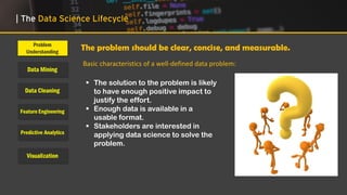 Problem
Understanding
Data Mining
Data Cleaning
Feature Engineering
Predictive Analytics
Visualization
| The Data Science Lifecycle
▪ The solution to the problem is likely
to have enough positive impact to
justify the effort.
▪ Enough data is available in a
usable format.
▪ Stakeholders are interested in
applying data science to solve the
problem.
The problem should be clear, concise, and measurable.
Basic characteristics of a well-defined data problem:
 