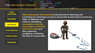 Problem
Understanding
Data Mining
Data Cleaning
Feature Engineering
Predictive Analytics
Visualization
| The Data Science Lifecycle
Data cleansing or data cleaning is the process of detecting and
correcting (or removing) corrupt or inaccurate records from a record set,
table, or database and
refers to identifying
incomplete, incorrect,
inaccurate or irrelevant
parts of the data and
then replacing,
modifying, or deleting
the dirty or coarse data.
 