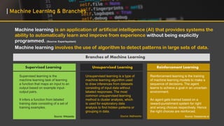 | Machine Learning & Branches
Machine learning is an application of artificial intelligence (AI) that provides systems the
ability to automatically learn and improve from experience without being explicitly
programmed. (Source: Expertsystem)
Branches of Machine Learning
Supervised Learning Unsupervised Learning Reinforcement Learning
Supervised learning is the
machine learning task of learning
a function that maps an input to an
output based on example input-
output pairs.
It infers a function from labeled
training data consisting of a set of
training examples.
Source: Wikipedia
Unsupervised learning is a type of
machine learning algorithm used
to draw inferences from datasets
consisting of input data without
labeled responses. The most
common unsupervised learning
method is cluster analysis, which
is used for exploratory data
analysis to find hidden patterns or
grouping in data.
Source: Mathworks
Reinforcement learning is the training
of machine learning models to make a
sequence of decisions. The agent
learns to achieve a goal in an uncertain
environment.
An agent gets trained based on a
reward-punishment system for right
and wrong choices respectively. Hence
the right choices are reinforced.
Source: Deepsense.ai
Machine learning involves the use of algorithm to detect patterns in large sets of data.
 