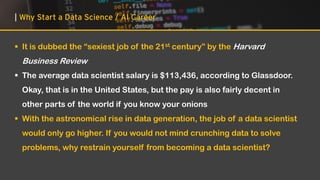 | Why Start a Data Science / AI Career
▪ It is dubbed the “sexiest job of the 21st century” by the Harvard
Business Review
▪ The average data scientist salary is $113,436, according to Glassdoor.
Okay, that is in the United States, but the pay is also fairly decent in
other parts of the world if you know your onions
▪ With the astronomical rise in data generation, the job of a data scientist
would only go higher. If you would not mind crunching data to solve
problems, why restrain yourself from becoming a data scientist?
 