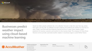 Products and Services Organization Size Industry Country
Businesses predict
weather impact
using cloud-based
machine learning
Nearly two billion people worldwide rely on AccuWeather forecasts to help them plan their day, protect
their assets, and stay safe. AccuWeather has been analyzing and predicting the weather for more than 55
years. Today it uses Microsoft Azure Machine Learning services to create custom weather-impact
predictions for business customers and transform its own business faster. The company’s D3 Data-Driven
Decisions service provides automated weather analytics to businesses eager to outwit Mother Nature.
United States
550 employees
Azure API Management
Azure App Service
Azure Blob storage
Azure Data Factory
Azure Machine Learning
Azure SQL Database
Partner Professional Services
 