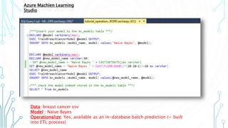 Azure Machien Learning
Studio
Data: breast cancer csv
Model : Naive Bayes
Operationalize: Yes, available as an in-database batch prediction (= built
into ETL process)
 