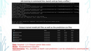 Output trained model.pkl files as well as the prediction csv files
Job training in command line, launch and go have a coffee !
Data: hospital 1/2/3 breast cancer data csv(s)
Model : RandomForest Classifier
Operationalize: Yes, available as batch-size prediction ( can be scheduled to automized the
 