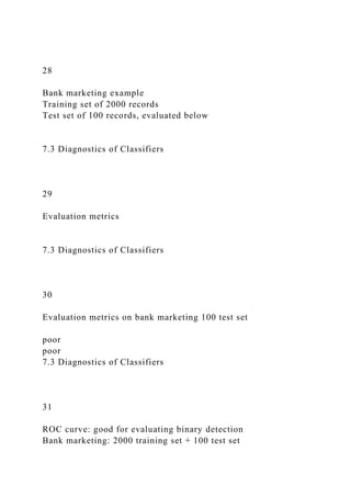 28
Bank marketing example
Training set of 2000 records
Test set of 100 records, evaluated below
7.3 Diagnostics of Classifiers
29
Evaluation metrics
7.3 Diagnostics of Classifiers
30
Evaluation metrics on bank marketing 100 test set
poor
poor
7.3 Diagnostics of Classifiers
31
ROC curve: good for evaluating binary detection
Bank marketing: 2000 training set + 100 test set
 