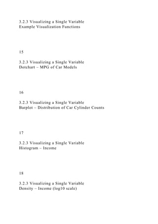 3.2.3 Visualizing a Single Variable
Example Visualization Functions
15
3.2.3 Visualizing a Single Variable
Dotchart – MPG of Car Models
16
3.2.3 Visualizing a Single Variable
Barplot – Distribution of Car Cylinder Counts
17
3.2.3 Visualizing a Single Variable
Histogram – Income
18
3.2.3 Visualizing a Single Variable
Density – Income (log10 scale)
 