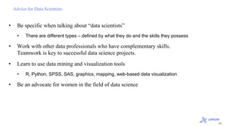 33
Advice for Data Scientists
• Be specific when talking about “data scientists”
• There are different types – defined by ...