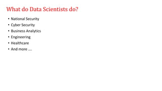 What do Data Scientists do?
• National Security
• Cyber Security
• Business Analytics
• Engineering
• Healthcare
• And more ….
 