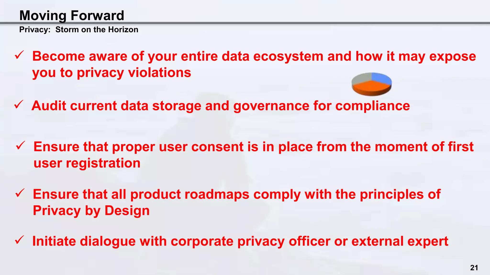 Moving Forward
Privacy: Storm on the Horizon
 Become aware of your entire data ecosystem and how it may expose
you to privacy violations
 Audit current data storage and governance for compliance
 Ensure that all product roadmaps comply with the principles of
Privacy by Design
21
 Ensure that proper user consent is in place from the moment of first
user registration
 Initiate dialogue with corporate privacy officer or external expert
 