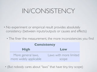 • No experiment or empirical result provides absolutely
consistency (between inputs/outputs or causes and effects)
• The ﬁner the measurement, the more inconsistencies you ﬁnd
IN/CONSISTENCY
ConsistencyConsistencyConsistency
High Low
More general laws,
more widely applicable
Laws with more limited
scope
• (But nobody cares about “laws” that have tiny, tiny scope)
 