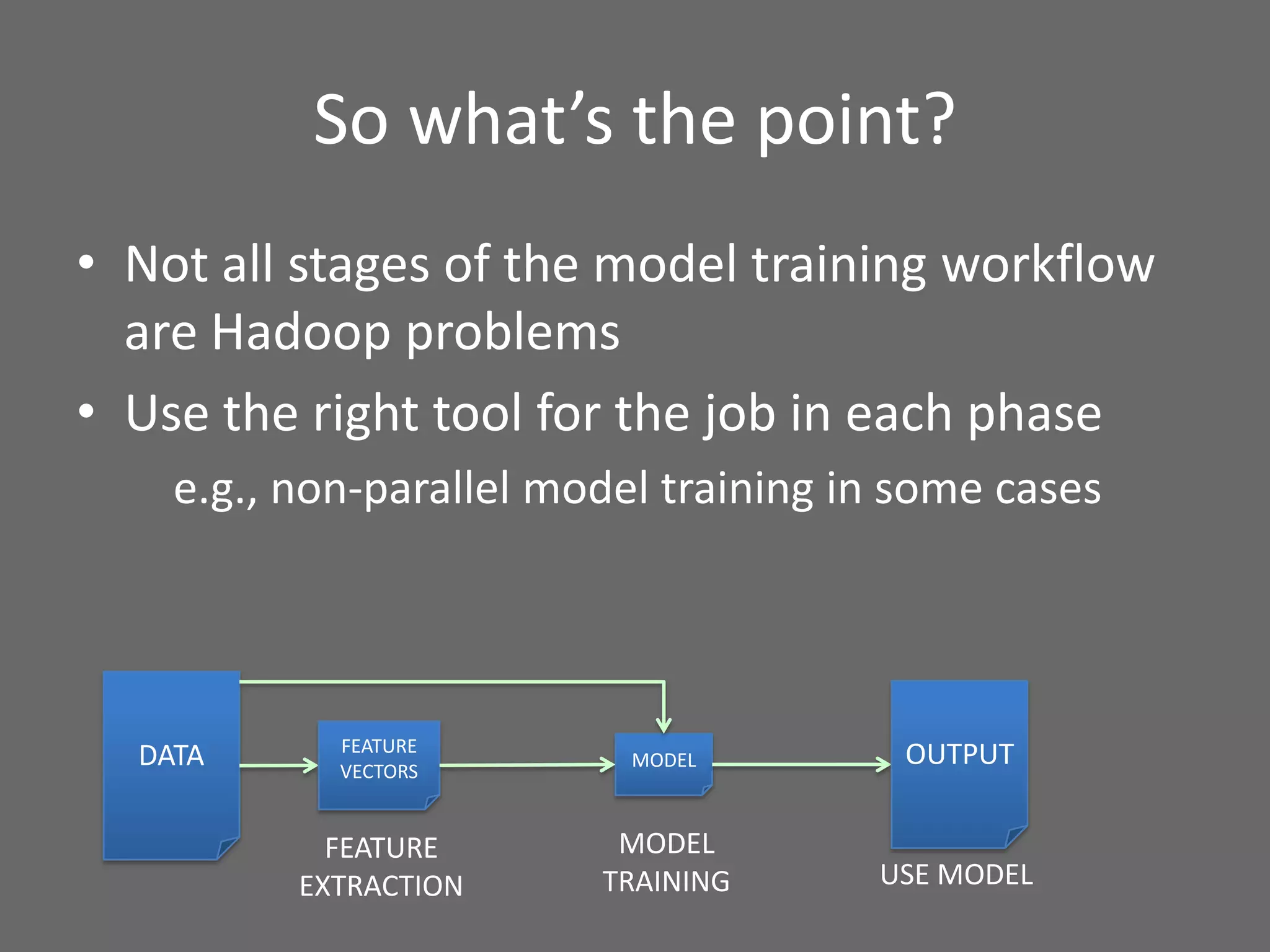 So what’s the point?
• Not all stages of the model training workflow
are Hadoop problems
• Use the right tool for the job in each phase
e.g., non-parallel model training in some cases
FEATURE
EXTRACTION
MODEL
TRAINING USE MODEL
DATA FEATURE
VECTORS
MODEL OUTPUT
 