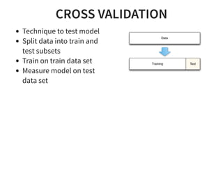 CROSS VALIDATION
Technique to test model
Split data into train and
test subsets
Train on train data set
Measure model on test
data set
 