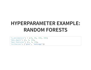HYPERPARAMETER EXAMPLE:
RANDOM FORESTS
"n_estimators": = [10, 50, 100, 300]
"max_depth": [3, 5, 10],
"max_features": [1, 3, 10],
"criterion": ["gini", "entropy"]}
 
