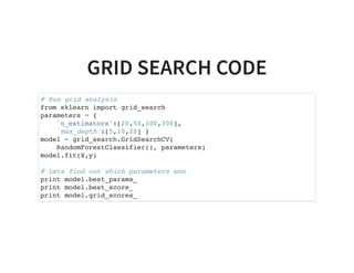 GRID SEARCH CODE
# Run grid analysis
from sklearn import grid_search
parameters = {
'n_estimators':[20,50,100,300],
'max_depth':[5,10,20] }
model = grid_search.GridSearchCV(
RandomForestClassifier(), parameters)
model.fit(X,y)
# Lets find out which parameters won
print model.best_params_
print model.best_score_
print model.grid_scores_
 