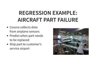 REGRESSION EXAMPLE:
AIRCRAFT PART FAILURE
Cessna collects data
from airplane sensors
Predict when part needs
to be replaced
Ship part to customer’s
service airport
 