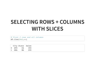 SELECTING ROWS + COLUMNS
WITH SLICES
# First 2 rows and all columns
df.iloc[0:2,::]
City State Sales
0 SFO CA 300
1 SEA WA 200
 