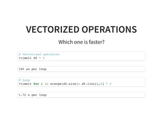 VECTORIZED OPERATIONS
Which one is faster?
# Vectorized operation
%timeit df * 2
160 µs per loop
# Loop
%timeit for i in xrange(df.size): df.iloc[i,0] * 2
1.72 s per loop
 