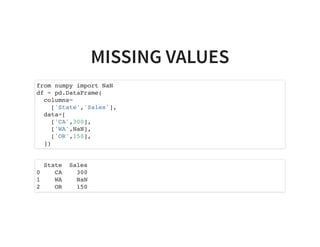 MISSING VALUES
from numpy import NaN
df = pd.DataFrame(
columns=
['State','Sales'],
data=[
['CA',300],
['WA',NaN],
['OR',150],
])
State Sales
0 CA 300
1 WA NaN
2 OR 150
 