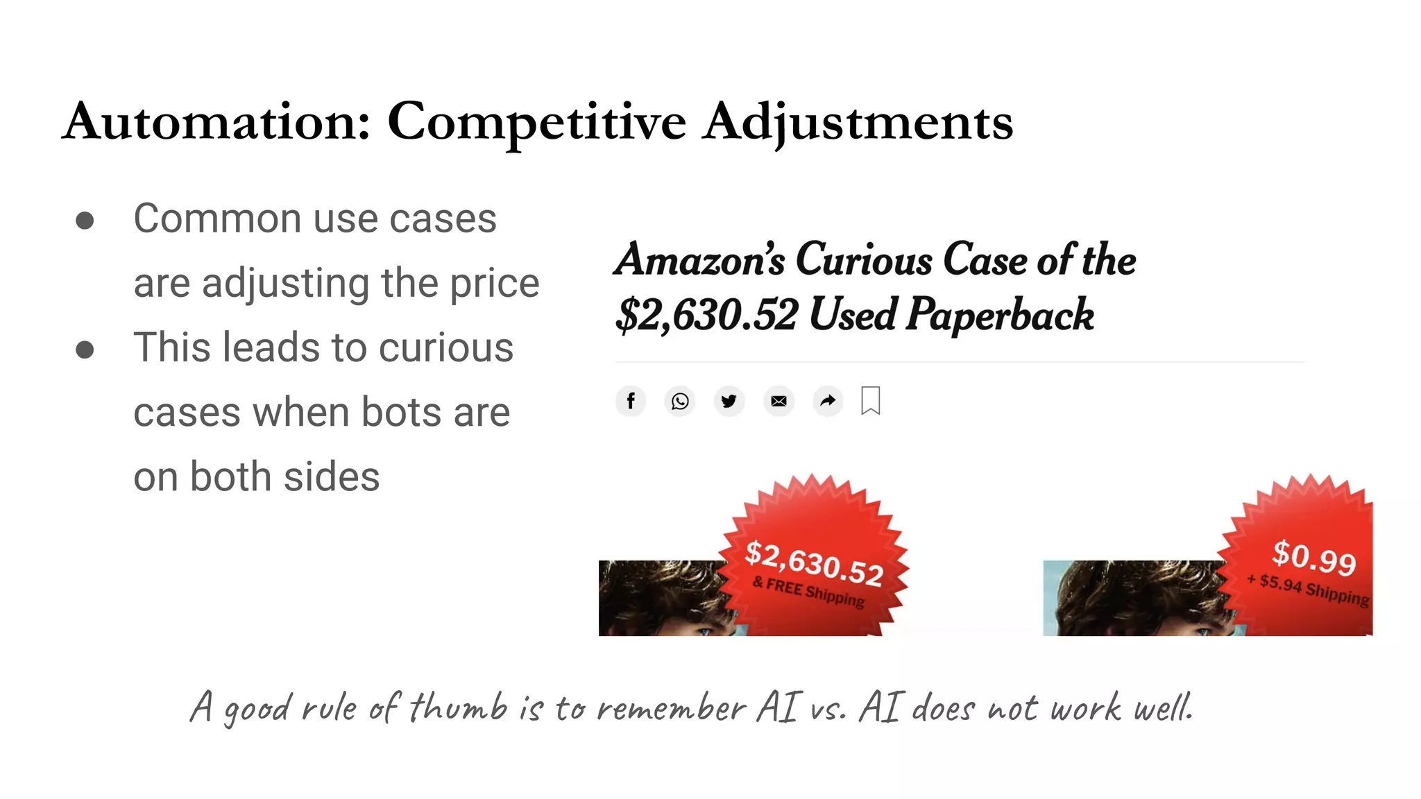 Automation: Competitive Adjustments
● Common use cases
are adjusting the price
● This leads to curious
cases when bots are
on both sides
A good rule of thumb is to remember AI vs. AI does not work well.
 