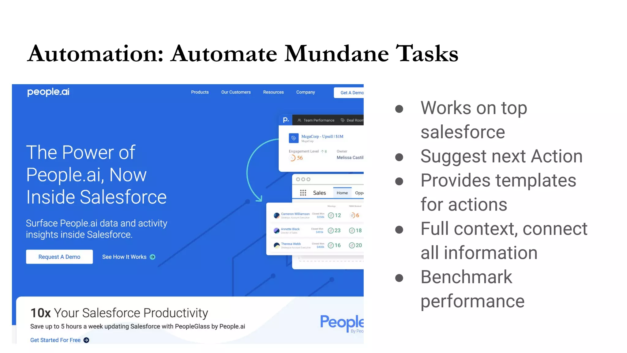 Automation: Automate Mundane Tasks
● Works on top
salesforce
● Suggest next Action
● Provides templates
for actions
● Full context, connect
all information
● Benchmark
performance
 