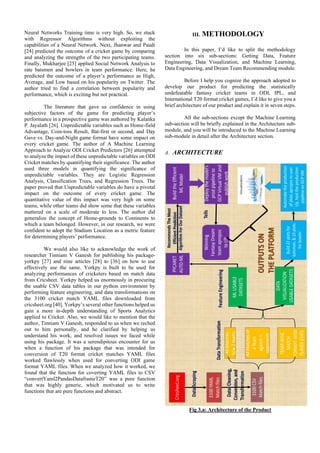 Neural Networks Training time is very high. So, we stuck
with Regressor Algorithms without exploiting the
capabilities of a Neural Network. Next, Jhanwar and Paudi
[24] predicted the outcome of a cricket game by comparing
and analyzing the strengths of the two participating teams.
Finally, Mukharjee [25] applied Social Network Analysis to
rate batsmen and bowlers in team performance. Here, he
predicted the outcome of a player’s performance as High,
Average, and Low based on his popularity on Twitter. The
author tried to find a correlation between popularity and
performance, which is exciting but not practical.
The literature that gave us confidence in using
subjective factors of the game for predicting player’s
performance in a prospective game was authored by Kalanka
P. Jayalath [26]. Unpredictable variables such as Home-field
Advantage, Coin-toss Result, Bat-first or second, and Day
Gave vs. Day-and-Night game format have some impact on
every cricket game. The author of A Machine Learning
Approach to Analyze ODI Cricket Predictors [26] attempted
to analyze the impact of these unpredictable variables on ODI
Cricket matches by quantifying their significance. The author
used three models in quantifying the significance of
unpredictable variables. They are Logistic Regression
Analysis, Classification Trees, and Regression Trees. The
paper proved that Unpredictable variables do have a pivotal
impact on the outcome of every cricket game. The
quantitative value of this impact was very high on some
teams, while other teams did show some that these variables
mattered on a scale of moderate to less. The author did
generalize the concept of Home-grounds to Continents to
which a team belonged. However, in our research, we were
confident to adopt the Stadium Location as a metric feature
for determining players’ performance.
We would also like to acknowledge the work of
researcher Tinniam V Ganesh for publishing his package-
yorkpy [27] and nine articles [28] to [36] on how to use
effectively use the same. Yorkpy is built to be used for
analyzing performances of cricketers based on match data
from Cricsheet. Yorkpy helped us enormously in procuring
the usable CSV data tables in our python environment by
performing feature engineering, and data transformations on
the 3100 cricket match YAML files downloaded from
cricsheet.org [40]. Yorkpy’s several other functions helped us
gain a more in-depth understanding of Sports Analytics
applied to Cricket. Also, we would like to mention that the
author, Tinniam V Ganesh, responded to us when we reched
out to him personally, and he clarified by helping us
understand his work, and resolved issues we faced while
using his package. It was a serendipitous encounter for us
when a function of his package that was intended for
conversion of T20 format cricket matches YAML files
worked flawlessly when used for converting ODI game
format YAML files. When we analyzed how it worked, we
found that the function for coverting YAML files to CSV
“convertYaml2PandasDataframeT20” was a pure function
that was highly generic, which motivated us to write
functions that are pure functions and abstract.
III. METHODOLOGY
In this paper, I’d like to split the methodology
section into six sub-sections: Getting Data, Feature
Engineering, Data Visualization, and Machine Learning,
Data Engineering, and Dream Team Recommending module.
Before I help you cognize the approach adopted to
develop our product for predicting the statistically
undefeatable fantasy cricket teams in ODI, IPL, and
International T20 format cricket games, I’d like to give you a
brief architecture of our product and explain it in seven steps.
All the sub-sections except the Machine Learning
sub-section will be briefly explained in the Architecture sub-
module, and you will be introduced to the Machine Learning
sub-module in detail after the Architecture section.
A. ARCHITECTURE
Fig 3.a: Architecture of the Product
 