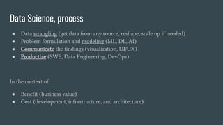 Data Science, process
● Data wrangling (get data from any source, reshape, scale up if needed)
● Problem formulation and modeling (ML, DL, AI)
● Communicate the findings (visualization, UI/UX)
● Productize (SWE, Data Engineering, DevOps)
In the context of:
● Benefit (business value)
● Cost (development, infrastructure, and architecture)
 