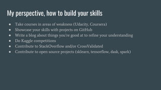 My perspective, how to build your skills
● Take courses in areas of weakness (Udacity, Coursera)
● Showcase your skills with projects on GitHub
● Write a blog about things you’re good at to refine your understanding
● Do Kaggle competitions
● Contribute to StackOverflow and/or CrossValidated
● Contribute to open source projects (sklearn, tensorflow, dask, spark)
 