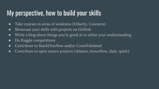 My perspective, how to build your skills
● Take courses in areas of weakness (Udacity, Coursera)
● Showcase your skills wi...