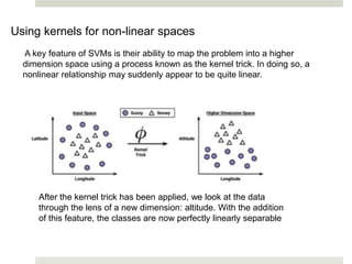 Using kernels for non-linear spaces
A key feature of SVMs is their ability to map the problem into a higher
dimension space using a process known as the kernel trick. In doing so, a
nonlinear relationship may suddenly appear to be quite linear.
After the kernel trick has been applied, we look at the data
through the lens of a new dimension: altitude. With the addition
of this feature, the classes are now perfectly linearly separable
 
