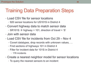 Training Data Preparation Steps
•  Load CSV file for sensor locations
•  920 sensor locations for US101S in District 4
•  Convert highway data to match sensor data
•  SR101S à highway = 101, direction of travel = ‘S’
•  Join with sensor data
•  Load CSV file for incidents from Oct 29 – Nov 4
•  Covert datatypes, drop records with unknown values, …
•  Find sections of highways 101 in District 4
•  Filter for incident data for 101S in District 4
•  176 incidents
•  Create a nearest neighbor model for sensor locations
•  To query the nearest sensors to an incident
36Prototype the Solution
 
