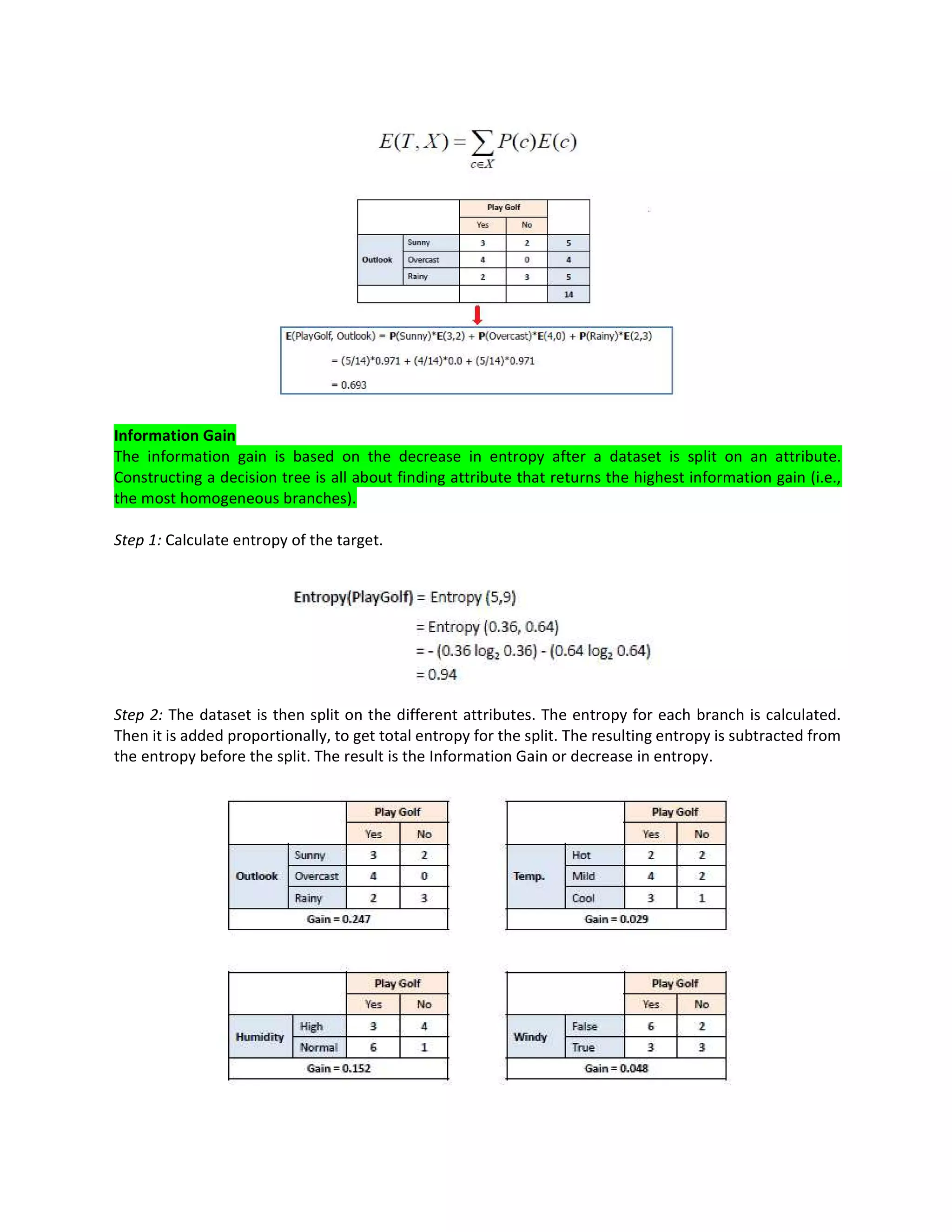 Information Gain
The information gain is based on the decrease in entropy after a dataset is split on an attribute.
Constructing a decision tree is all about finding attribute that returns the highest information gain (i.e.,
the most homogeneous branches).
Step 1: Calculate entropy of the target.
Step 2: The dataset is then split on the different attributes. The entropy for each branch is calculated.
Then it is added proportionally, to get total entropy for the split. The resulting entropy is subtracted from
the entropy before the split. The result is the Information Gain or decrease in entropy.
 