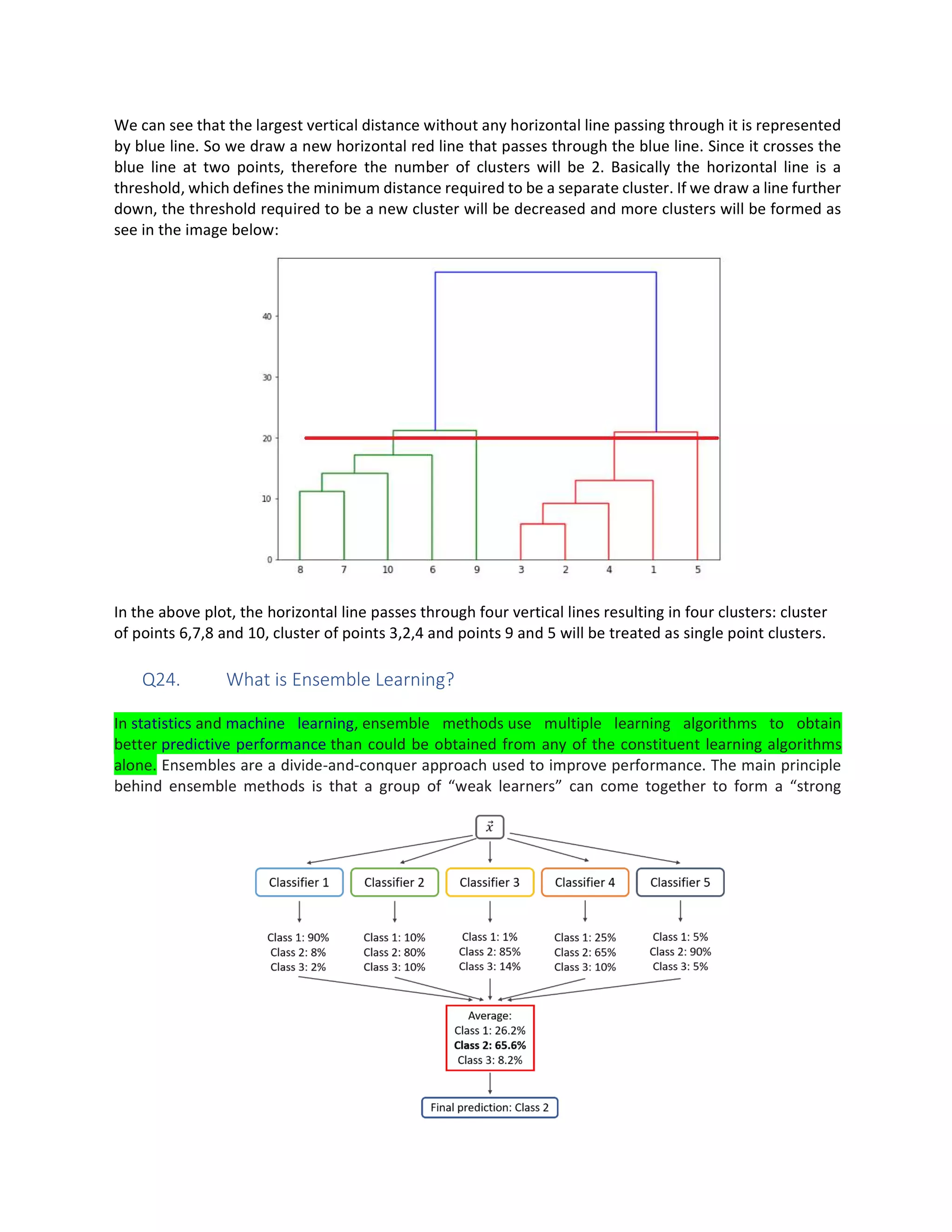 We can see that the largest vertical distance without any horizontal line passing through it is represented
by blue line. So we draw a new horizontal red line that passes through the blue line. Since it crosses the
blue line at two points, therefore the number of clusters will be 2. Basically the horizontal line is a
threshold, which defines the minimum distance required to be a separate cluster. If we draw a line further
down, the threshold required to be a new cluster will be decreased and more clusters will be formed as
see in the image below:
In the above plot, the horizontal line passes through four vertical lines resulting in four clusters: cluster
of points 6,7,8 and 10, cluster of points 3,2,4 and points 9 and 5 will be treated as single point clusters.
Q24. What is Ensemble Learning?
In statistics and machine learning, ensemble methods use multiple learning algorithms to obtain
better predictive performance than could be obtained from any of the constituent learning algorithms
alone. Ensembles are a divide-and-conquer approach used to improve performance. The main principle
behind ensemble methods is that a group of “weak learners” can come together to form a “strong
 