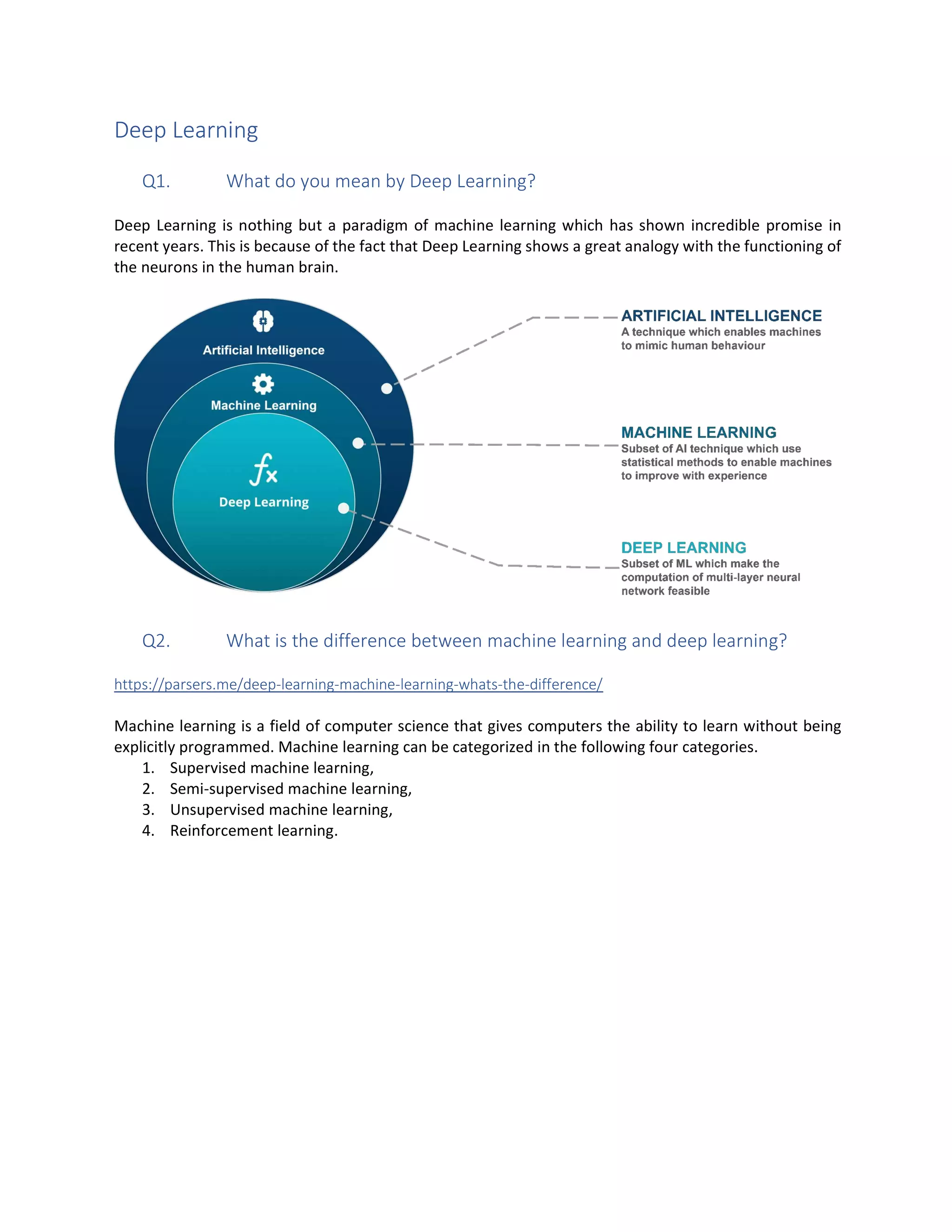Deep Learning
Q1. What do you mean by Deep Learning?
Deep Learning is nothing but a paradigm of machine learning which has shown incredible promise in
recent years. This is because of the fact that Deep Learning shows a great analogy with the functioning of
the neurons in the human brain.
Q2. What is the difference between machine learning and deep learning?
https://parsers.me/deep-learning-machine-learning-whats-the-difference/
Machine learning is a field of computer science that gives computers the ability to learn without being
explicitly programmed. Machine learning can be categorized in the following four categories.
1. Supervised machine learning,
2. Semi-supervised machine learning,
3. Unsupervised machine learning,
4. Reinforcement learning.
 