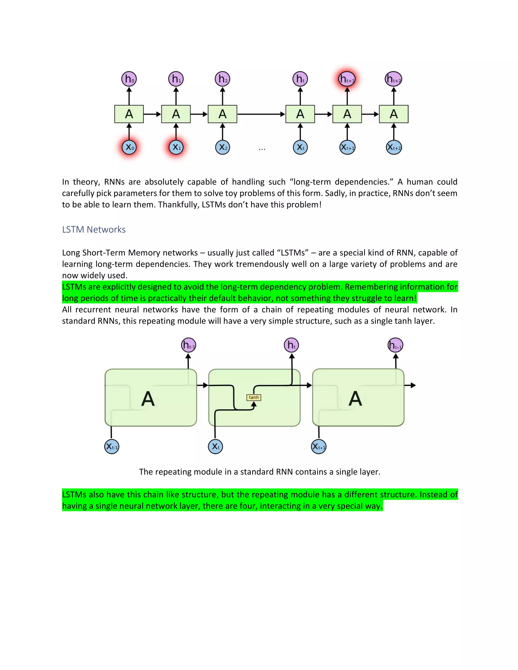 In theory, RNNs are absolutely capable of handling such “long-term dependencies.” A human could
carefully pick parameters for them to solve toy problems of this form. Sadly, in practice, RNNs don’t seem
to be able to learn them. Thankfully, LSTMs don’t have this problem!
LSTM Networks
Long Short-Term Memory networks – usually just called “LSTMs” – are a special kind of RNN, capable of
learning long-term dependencies. They work tremendously well on a large variety of problems and are
now widely used.
LSTMs are explicitly designed to avoid the long-term dependency problem. Remembering information for
long periods of time is practically their default behavior, not something they struggle to learn!
All recurrent neural networks have the form of a chain of repeating modules of neural network. In
standard RNNs, this repeating module will have a very simple structure, such as a single tanh layer.
The repeating module in a standard RNN contains a single layer.
LSTMs also have this chain like structure, but the repeating module has a different structure. Instead of
having a single neural network layer, there are four, interacting in a very special way.
 