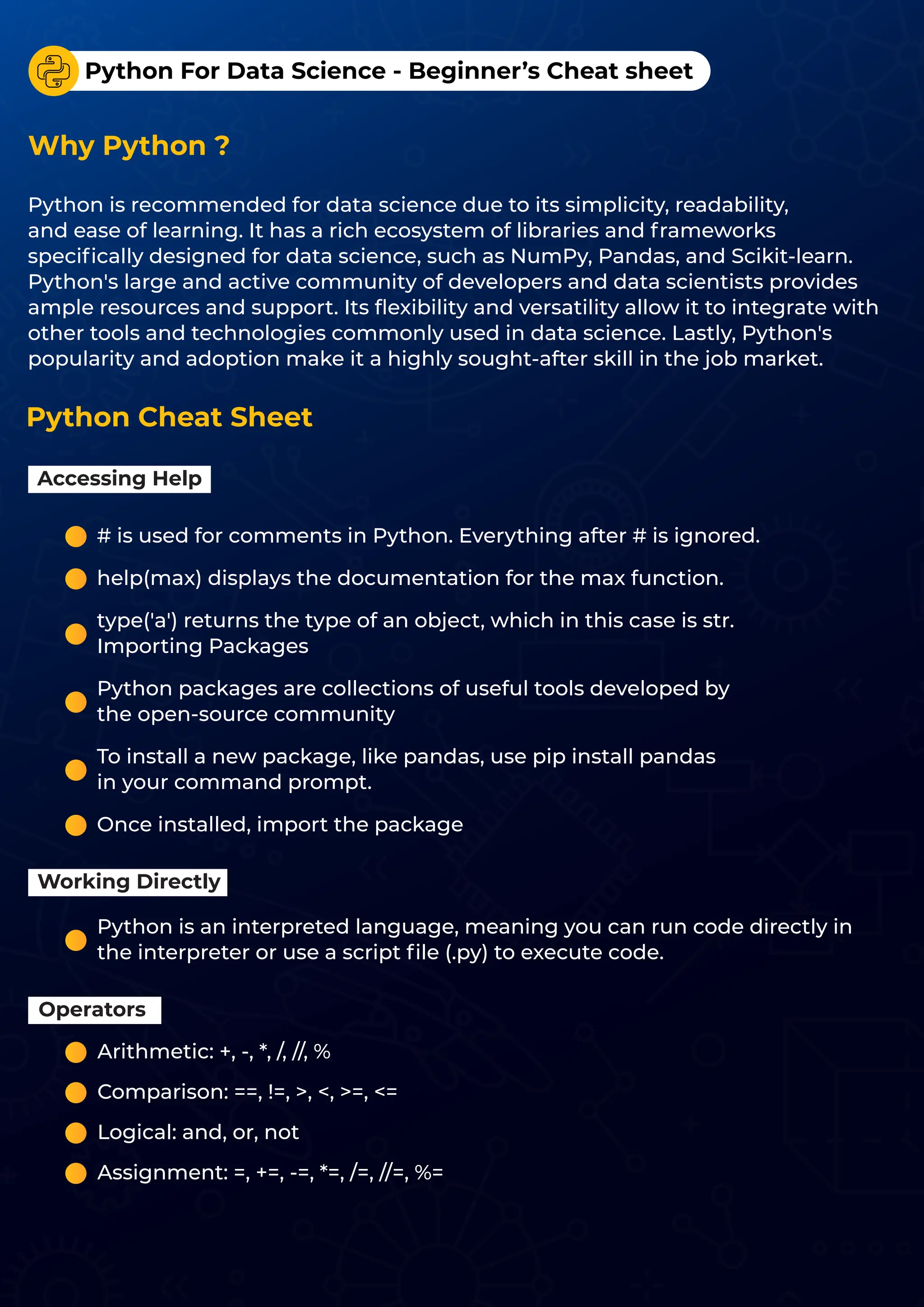 Python is recommended for data science due to its simplicity, readability,
and ease of learning. It has a rich ecosystem of libraries and frameworks
speciﬁcally designed for data science, such as NumPy, Pandas, and Scikit-learn.
Python's large and active community of developers and data scientists provides
ample resources and support. Its ﬂexibility and versatility allow it to integrate with
other tools and technologies commonly used in data science. Lastly, Python's
popularity and adoption make it a highly sought-after skill in the job market.
Python Cheat Sheet
Accessing Help
# is used for comments in Python. Everything after # is ignored.
help(max) displays the documentation for the max function.
type('a') returns the type of an object, which in this case is str.
Importing Packages
Python packages are collections of useful tools developed by
the open-source community
To install a new package, like pandas, use pip install pandas
in your command prompt.
Once installed, import the package
Working Directly
Python is an interpreted language, meaning you can run code directly in
the interpreter or use a script ﬁle (.py) to execute code.
Operators
Arithmetic: +, -, *, /, //, %
Comparison: ==, !=, >, <, >=, <=
Logical: and, or, not
Assignment: =, +=, -=, *=, /=, //=, %=
Python For Data Science - Beginner’s Cheat sheet
Why Python ?
 