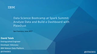 @DTAIEB55
Data Science Bootcamp at Spark Summit
Analyze Data and Build a Dashboard with
PixieDust
San Francisco, June 2017
David Taieb
Distinguished Engineer
Developer Advocacy
IBM Watson Data Platform
@DTAIEB55
 