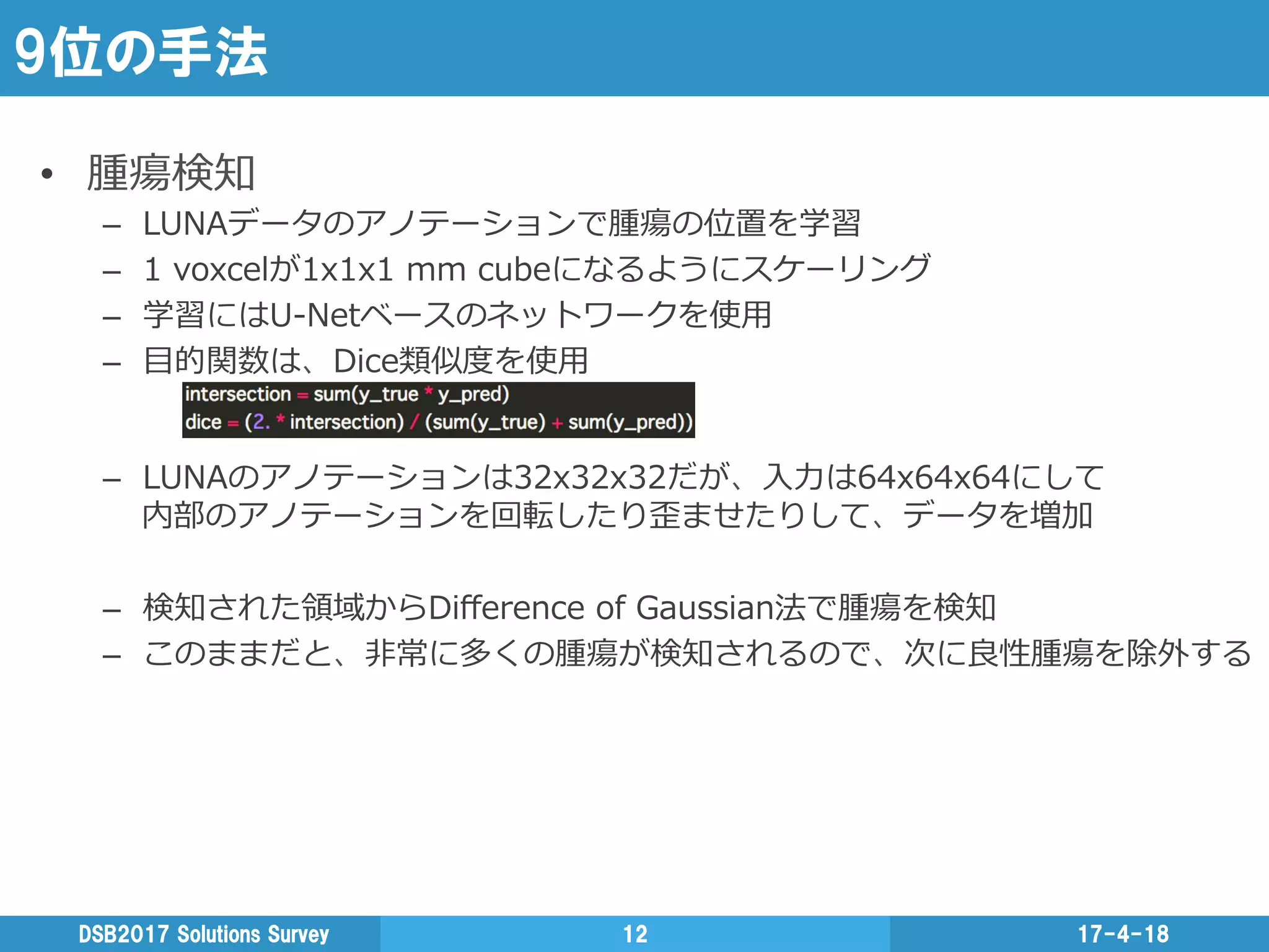 9位の手法
17-4-18DSB2017  Solutions  Survey 12
•  腫瘍検知
–  LUNAデータのアノテーションで腫瘍の位置を学習
–  1  voxcelが1x1x1  mm  cubeになるようにスケーリング
–  学習にはU-‐‑‒Netベースのネットワークを使⽤用
–  ⽬目的関数は、Dice類似度度を使⽤用
–  LUNAのアノテーションは32x32x32だが、⼊入⼒力力は64x64x64にして
内部のアノテーションを回転したり歪ませたりして、データを増加
–  検知された領領域からDiﬀerence  of  Gaussian法で腫瘍を検知
–  このままだと、⾮非常に多くの腫瘍が検知されるので、次に良良性腫瘍を除外する
 