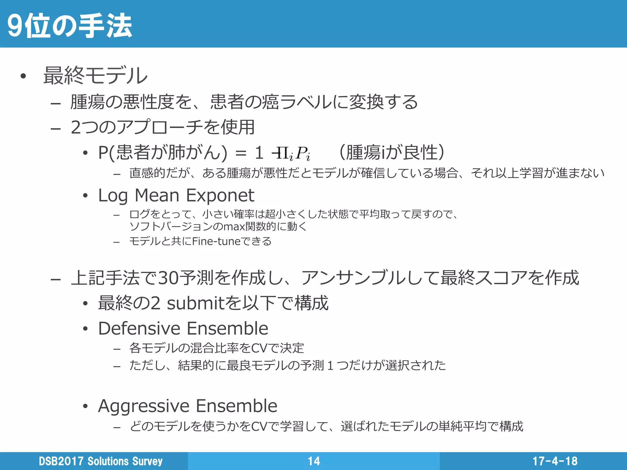 9位の手法
17-4-18DSB2017  Solutions  Survey 14
•  最終モデル
–  腫瘍の悪性度度を、患者の癌ラベルに変換する
–  2つのアプローチを使⽤用
•  P(患者が肺がん)  =  1  –                （腫瘍iが良良性）
–  直感的だが、ある腫瘍が悪性だとモデルが確信している場合、それ以上学習が進まない
•  Log  Mean  Exponet
–  ログをとって、⼩小さい確率率率は超⼩小さくした状態で平均取って戻すので、
ソフトバージョンのmax関数的に動く
–  モデルと共にFine-‐‑‒tuneできる
–  上記⼿手法で30予測を作成し、アンサンブルして最終スコアを作成
•  最終の2  submitを以下で構成
•  Defensive  Ensemble
–  各モデルの混合⽐比率率率をCVで決定
–  ただし、結果的に最良良モデルの予測１つだけが選択された
•  Aggressive  Ensemble
–  どのモデルを使うかをCVで学習して、選ばれたモデルの単純平均で構成
 