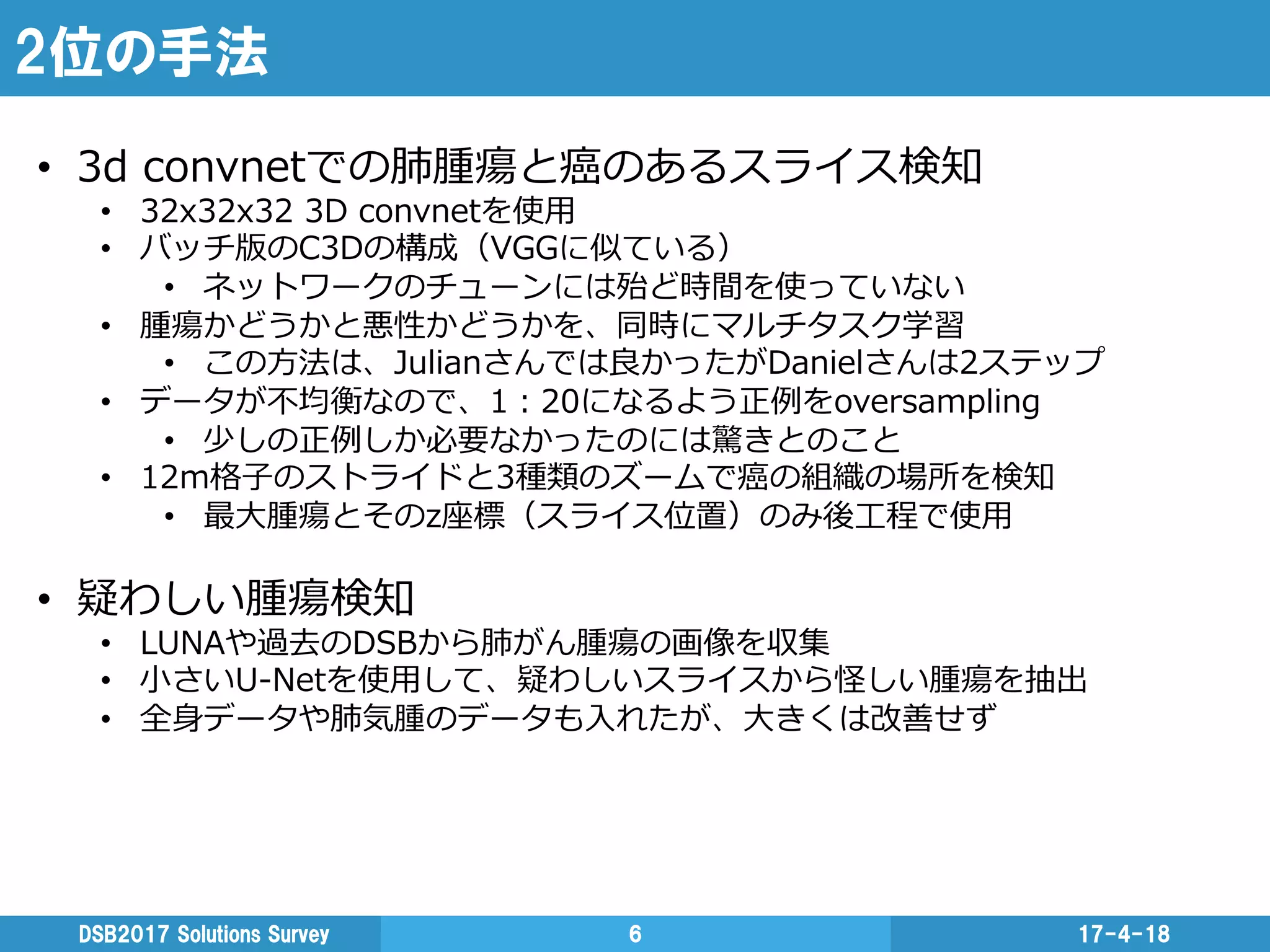 2位の手法
17-4-18DSB2017  Solutions  Survey 6
•  3d  convnetでの肺腫瘍と癌のあるスライス検知
•  32x32x32  3D  convnetを使⽤用
•  バッチ版のC3Dの構成（VGGに似ている）
•  ネットワークのチューンには殆ど時間を使っていない
•  腫瘍かどうかと悪性かどうかを、同時にマルチタスク学習
•  この⽅方法は、Julianさんでは良良かったがDanielさんは2ステップ
•  データが不不均衡なので、1：20になるよう正例例をoversampling
•  少しの正例例しか必要なかったのには驚きとのこと
•  12m格⼦子のストライドと3種類のズームで癌の組織の場所を検知
•  最⼤大腫瘍とそのz座標（スライス位置）のみ後⼯工程で使⽤用
•  疑わしい腫瘍検知
•  LUNAや過去のDSBから肺がん腫瘍の画像を収集
•  ⼩小さいU-‐‑‒Netを使⽤用して、疑わしいスライスから怪しい腫瘍を抽出
•  全⾝身データや肺気腫のデータも⼊入れたが、⼤大きくは改善せず
 